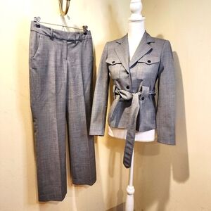 ANN KLEIN Gray Two-Piece Belted Blazer And Flat Front Pant Suit Set Size 0